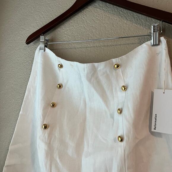 New Reformation Mia Linen Mini Skirt 10 Gold Button Sailor Lined NWT - Picture 3 of 7